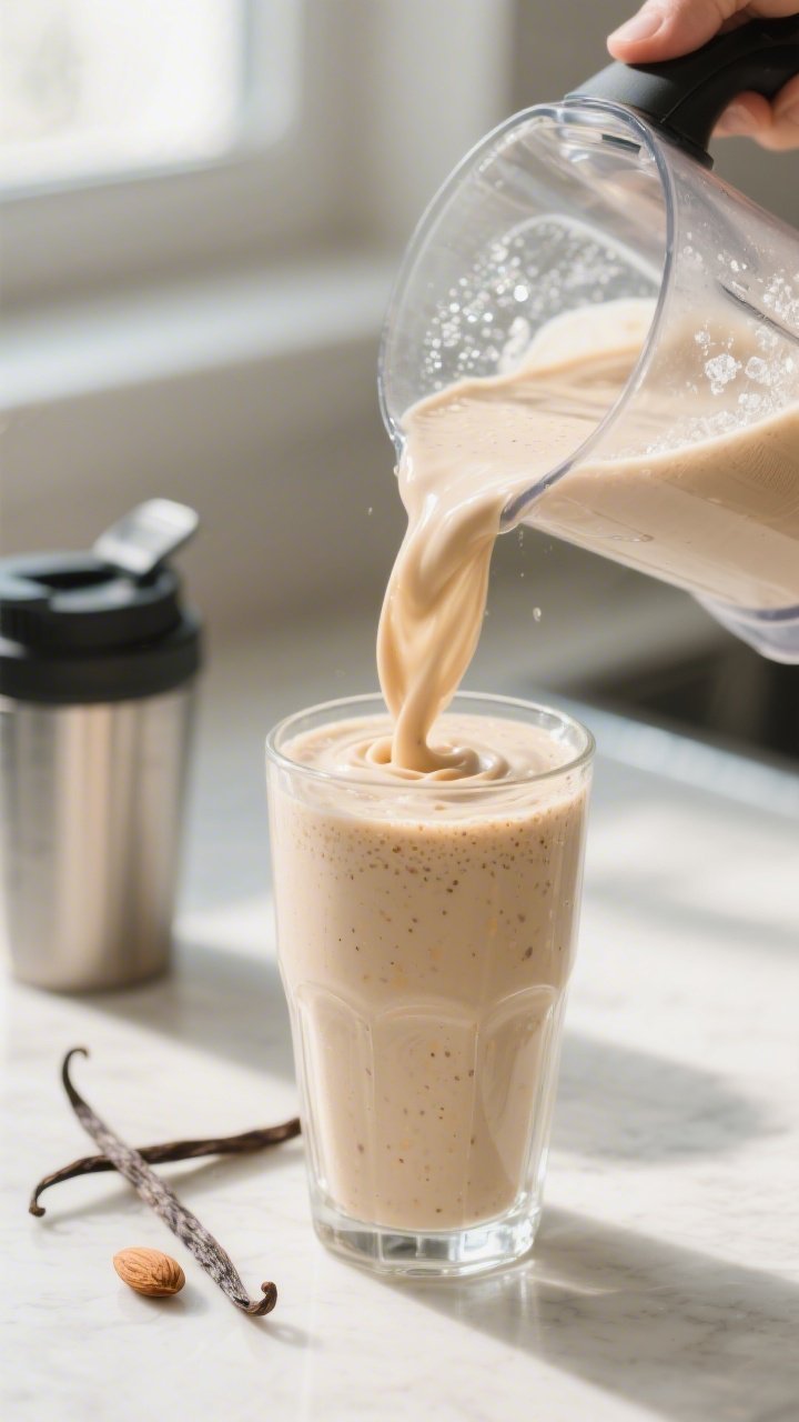 Close-up detail: Thick, creamy keto vanilla protein smoothie being poured from a blender into a chil
