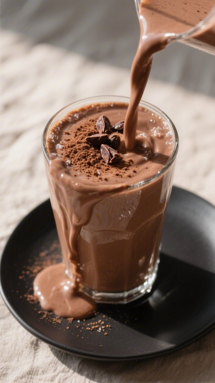 Close-up detail: Thick, milkshake-like keto peanut butter chocolate smoothie mid-pour into a chilled