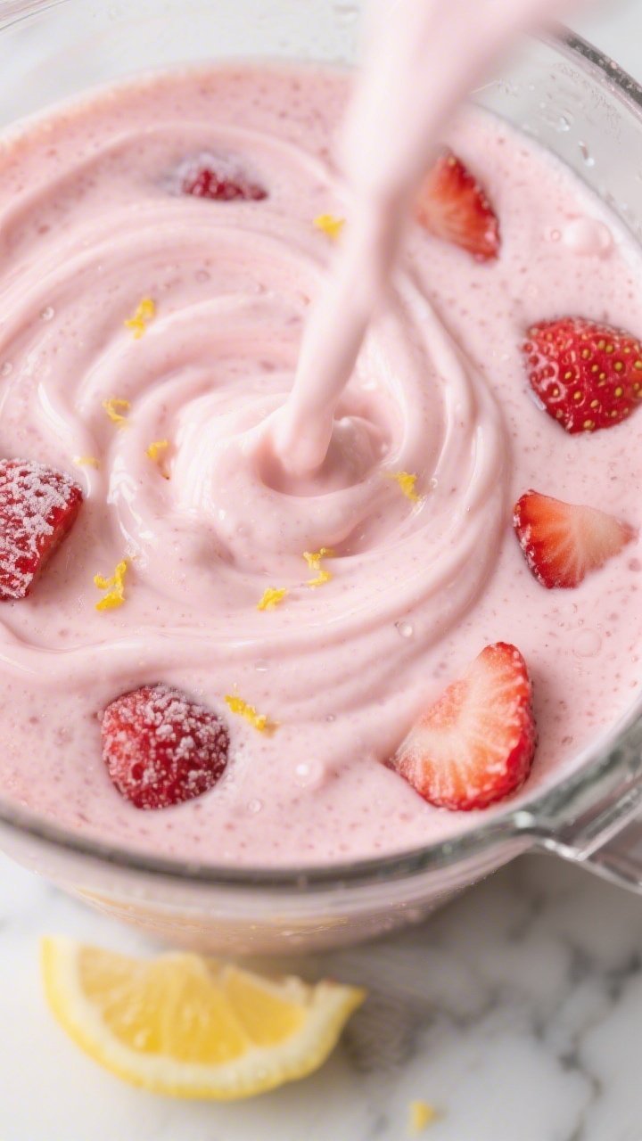 Close-up detail: Thick, velvety Keto Strawberry Cheesecake Smoothie mid-blend in a glass blender jar