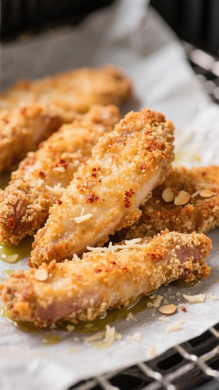 Close-up detail: Ultra-close shot of crispy keto chicken tenders just out of the air fryer, golden-b