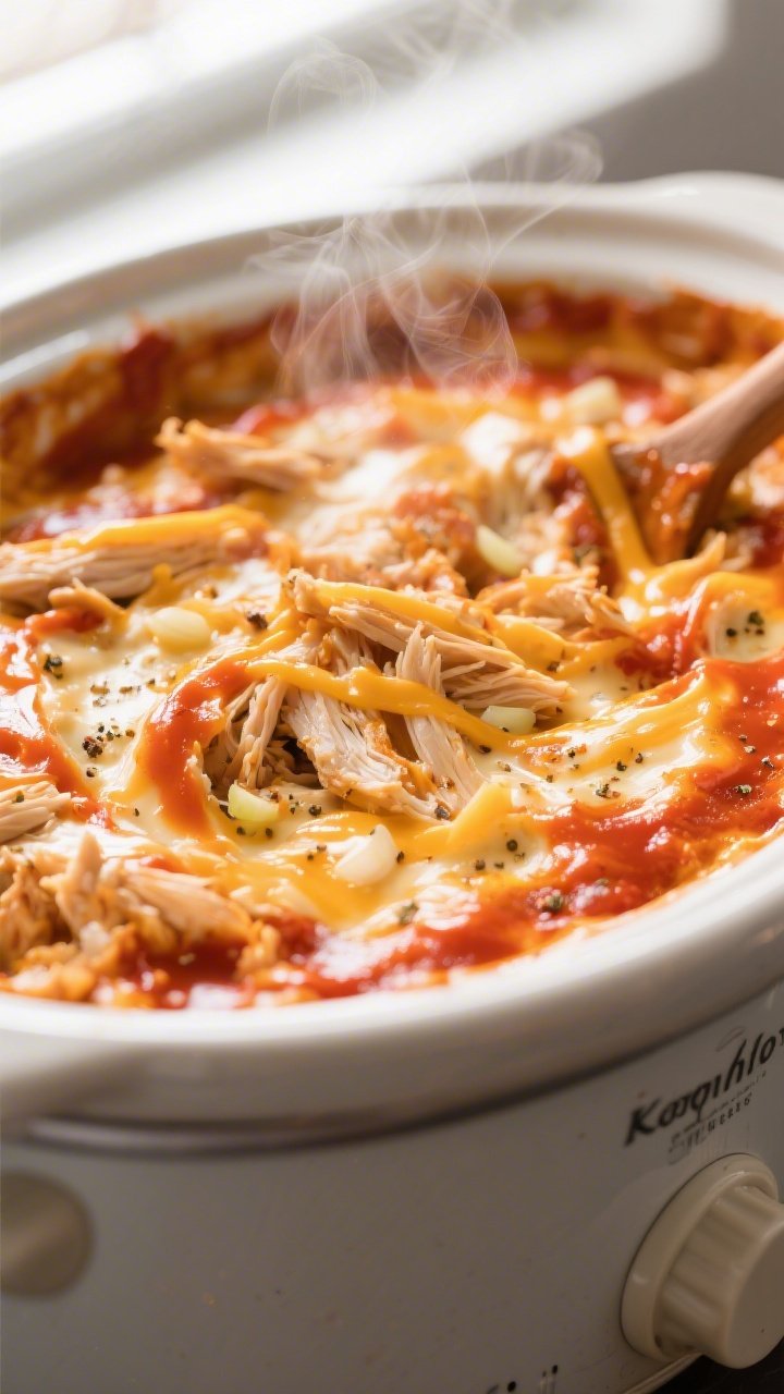 Close-up detail: Ultra-creamy slow cooker keto buffalo chicken dip mid-stir in the crock, hot and bu