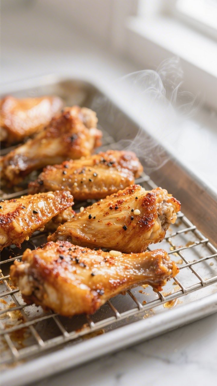Close-up detail: Ultra-crisp baked chicken wings fresh from the oven on a wire rack over a rimmed sh