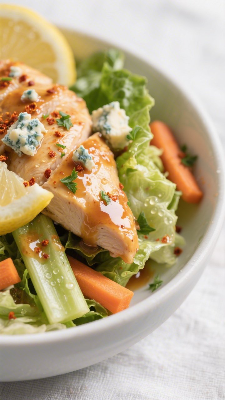Close-up final detail: Ultra close-up of the finished bowl on chopped romaine, focusing on the gloss