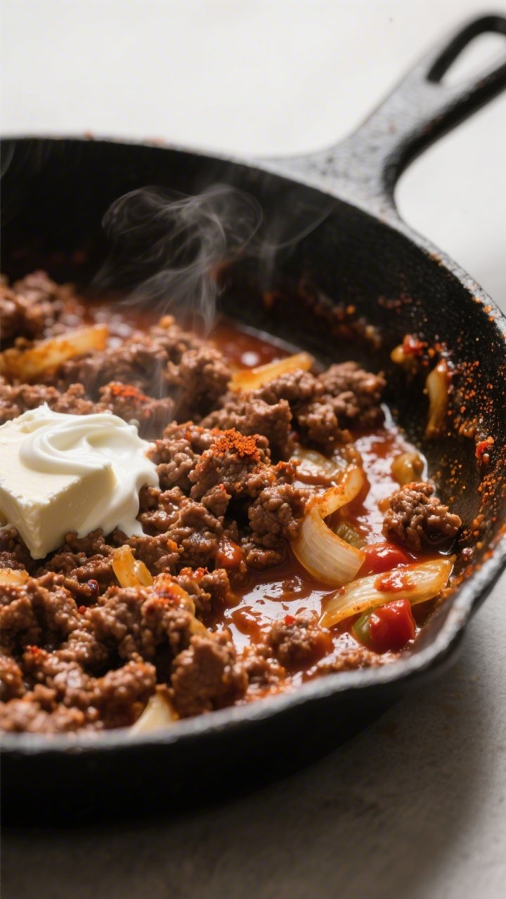 Close-up process shot: Well-browned taco-seasoned ground beef simmering in a skillet after deglazing