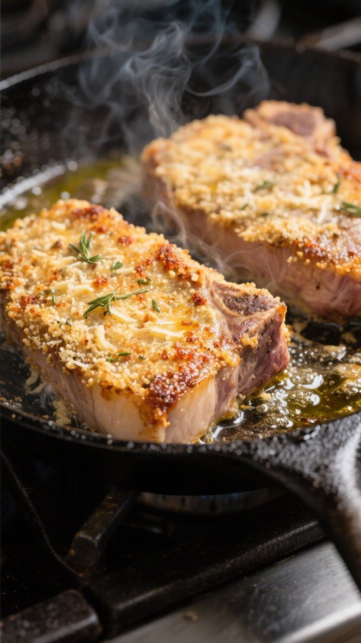 Close-up sear in action: Parmesan-crusted pork chops sizzling in an oven-safe skillet on the stoveto