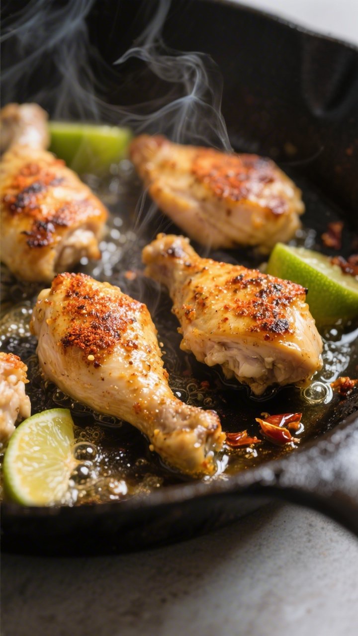 Cooking process, action close-up: Searing lime-marinated chicken pieces in a hot skillet, golden-bro