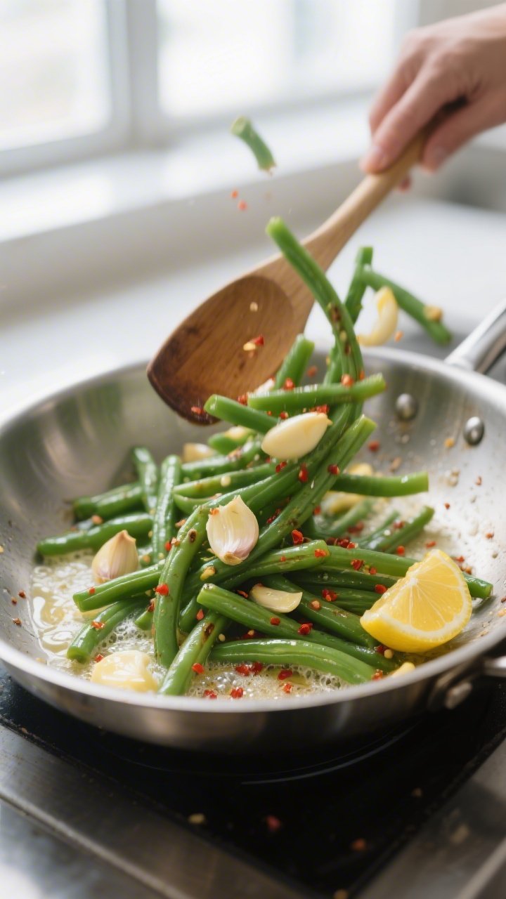 Cooking process action: Green beans being tossed in a large stainless-steel skillet just after bloom