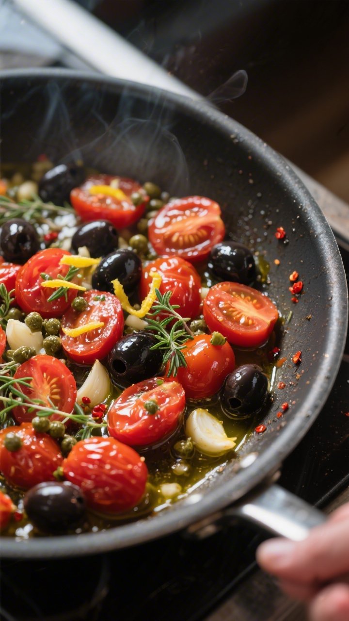 Cooking process action: Mediterranean topping sizzling in a skillet—halved cherry tomatoes just so