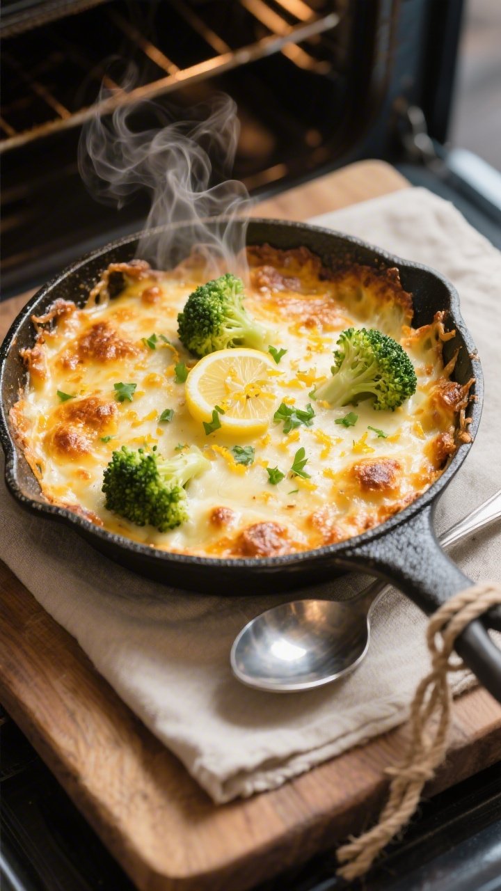 Cooking process action: Overhead shot of an oven-safe skillet just pulled from the broiler, cheese t