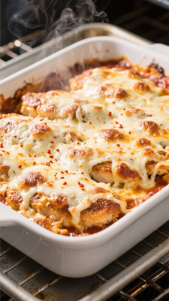Cooking process action: Overhead shot of the Keto Chicken Parmesan Bake just after uncovering in the