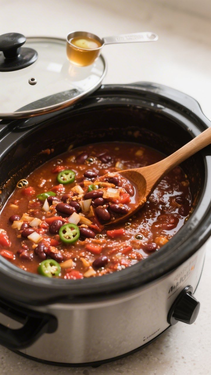 Cooking process action shot inside the slow cooker near the end of simmering: chili being stirred wi