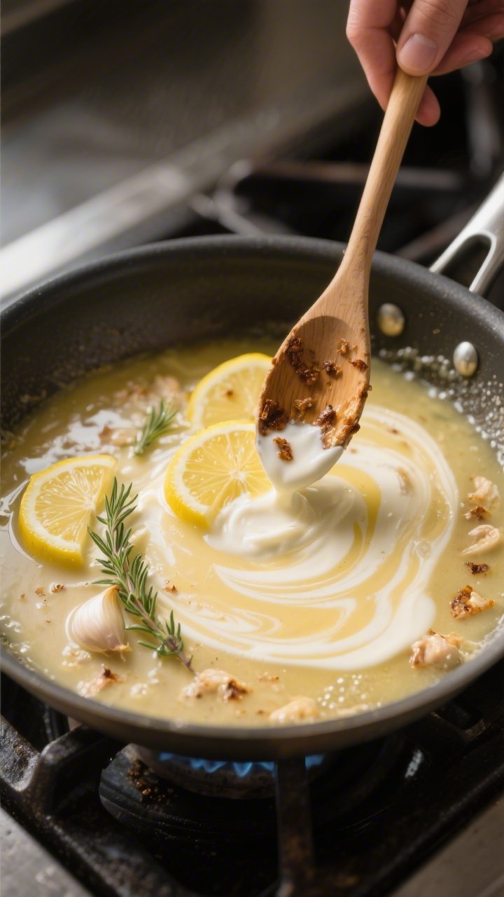 Cooking process: Action shot of the skillet on the stovetop just after deglazing—silky butter-garl