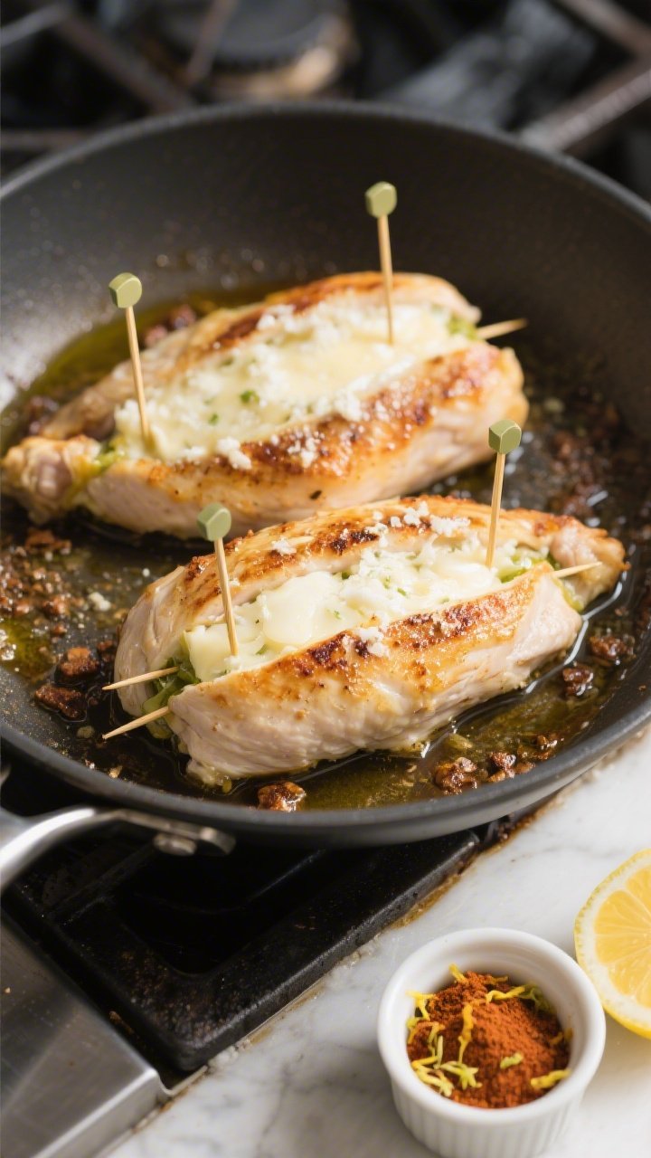 Cooking process action shot: Overhead view of stuffed chicken breasts in an oven-safe skillet right 