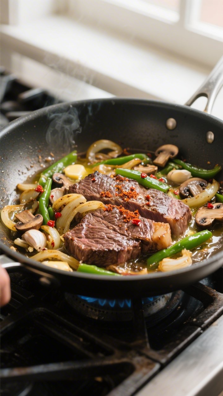 Cooking process action: Steak-and-veggie mixture sizzling in a large skillet—thinly sliced ribeye 