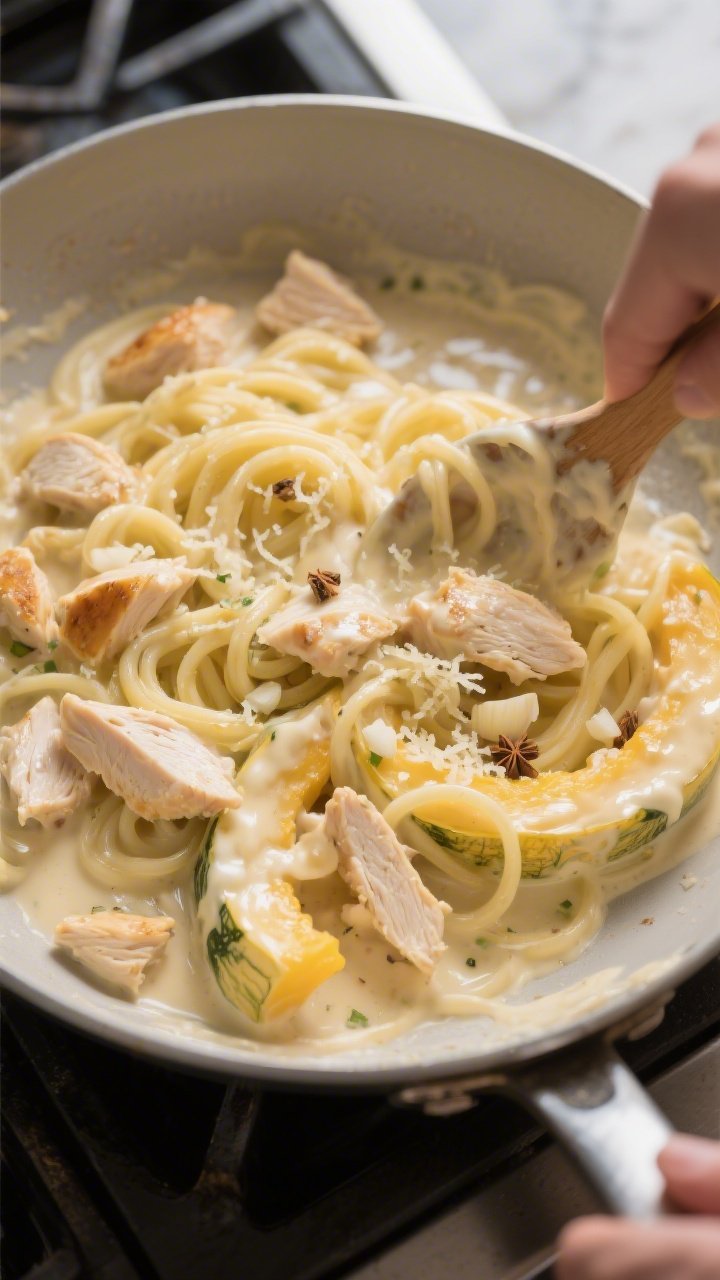 Cooking process: Alfredo-coated chicken and spaghetti squash strands being folded together in a larg
