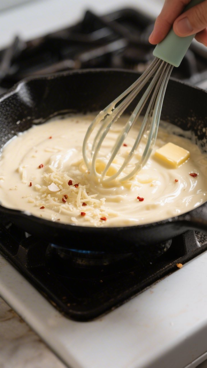 Cooking process: Alfredo sauce being finished in a skillet—thick, glossy cream sauce with fully me