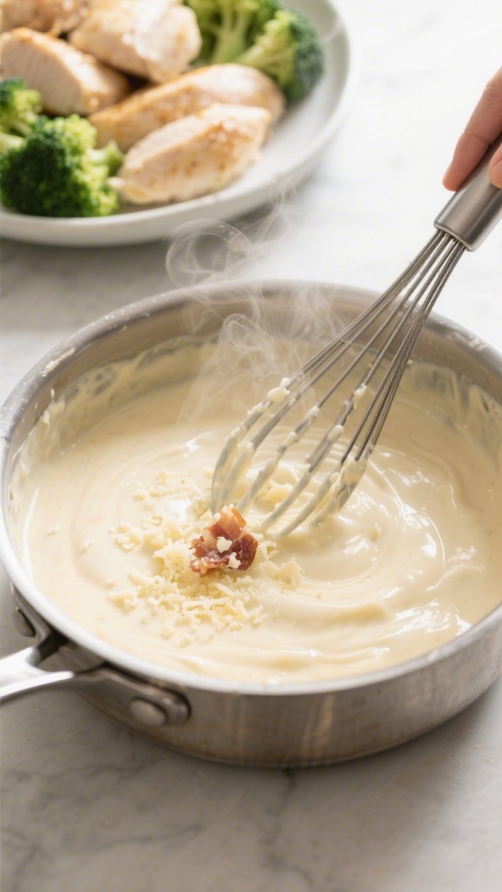 Cooking process: Alfredo sauce being whisked to silky smoothness in a stainless saucepan—glossy, t