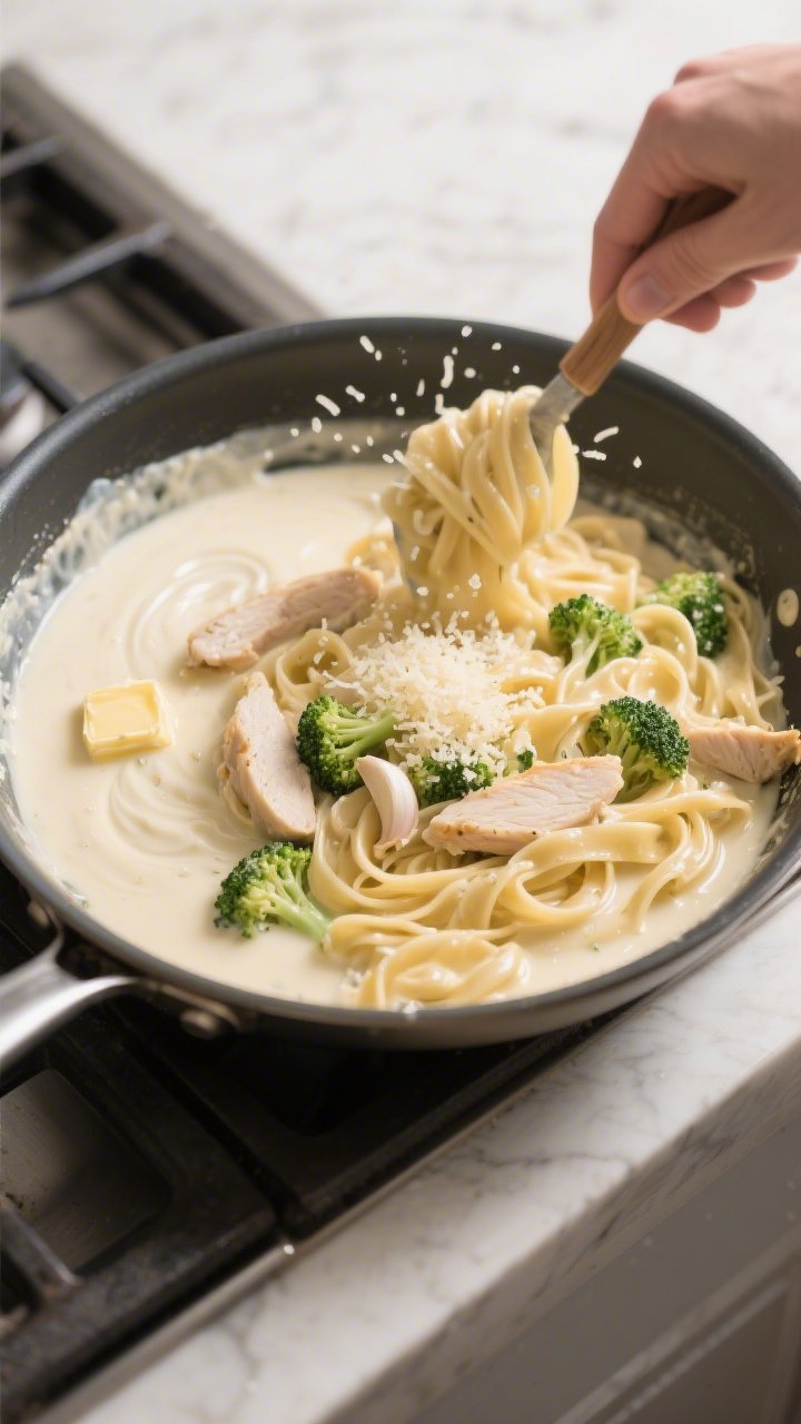 Cooking process: Alfredo sauce coming together in a large skillet—garlic butter shimmering as crea