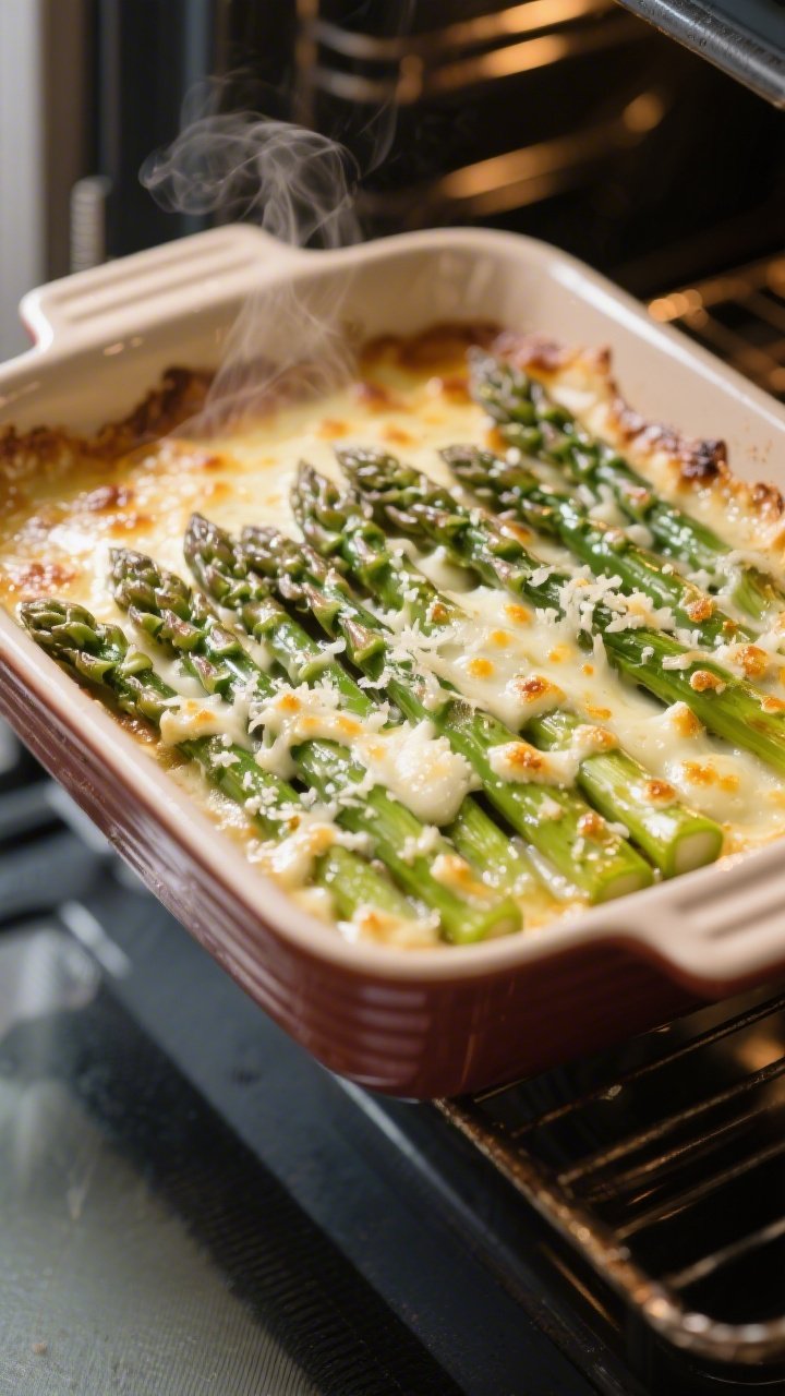 Cooking process: Asparagus in a single layer in a greased ceramic baking dish mid-bake, cheese fully