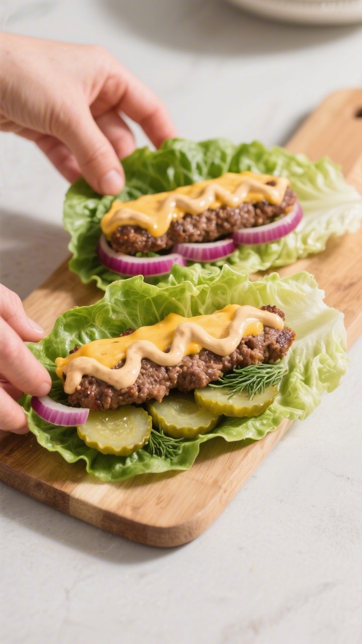 Cooking process: Assembling keto cheeseburger lettuce wraps on a board—two overlapping romaine lea