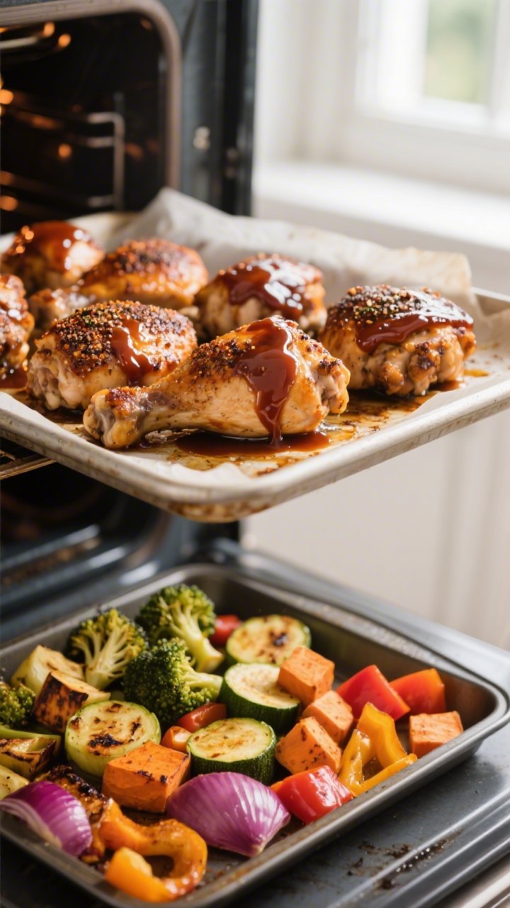 Cooking process — BBQ-glazed chicken finishing in the oven: Sheet pan of roasted, spice-rubbed chi