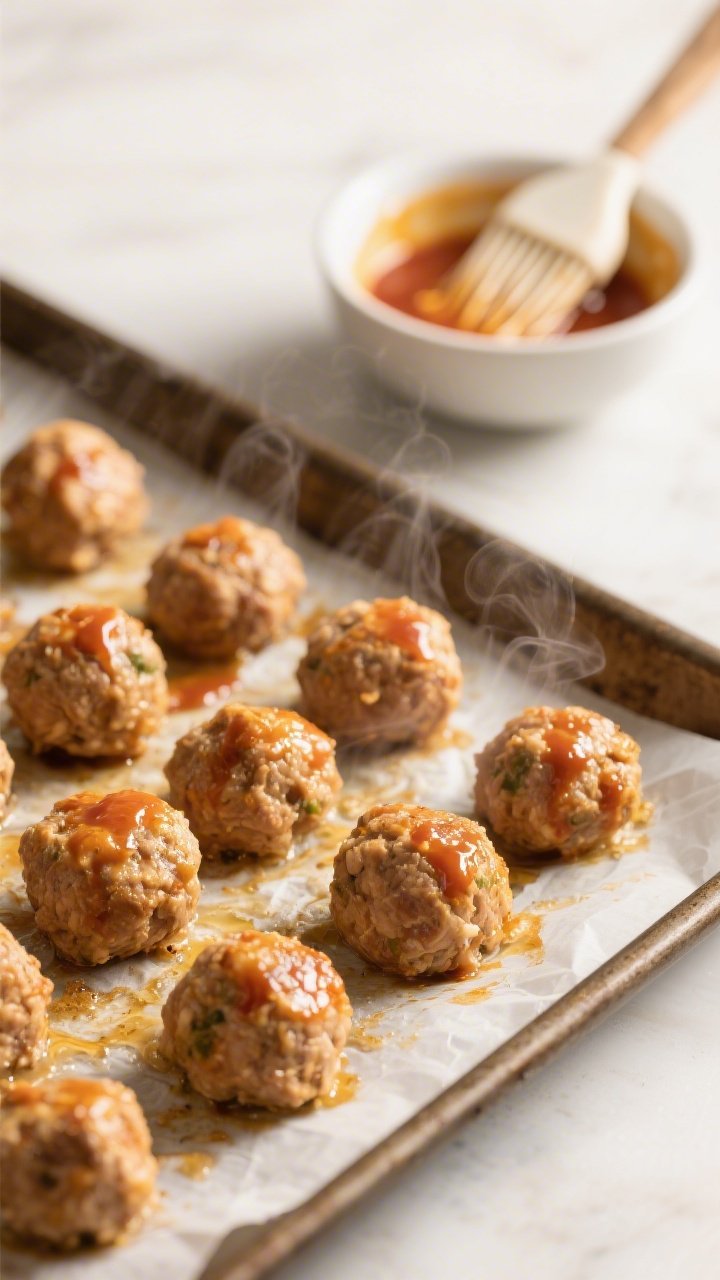 Cooking process — Buffalo turkey meatballs just out of the oven at 400°F: close-up of golden, ten