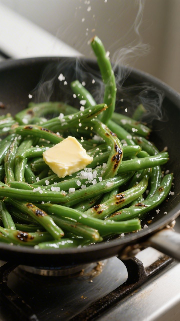 Cooking process: Buttered green beans being tossed in a large skillet, beans blistered and vibrant e