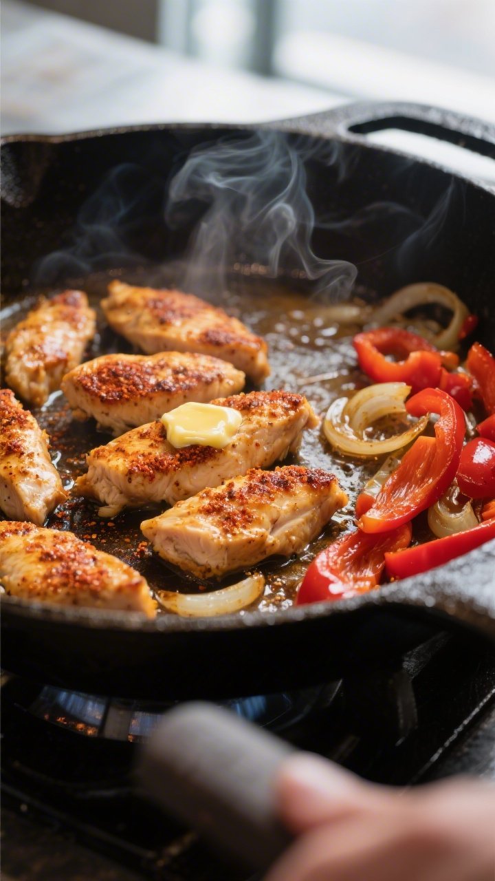Cooking process — Cajun chicken sear: Close-up of bite-size Cajun-spiced chicken strips sizzling i