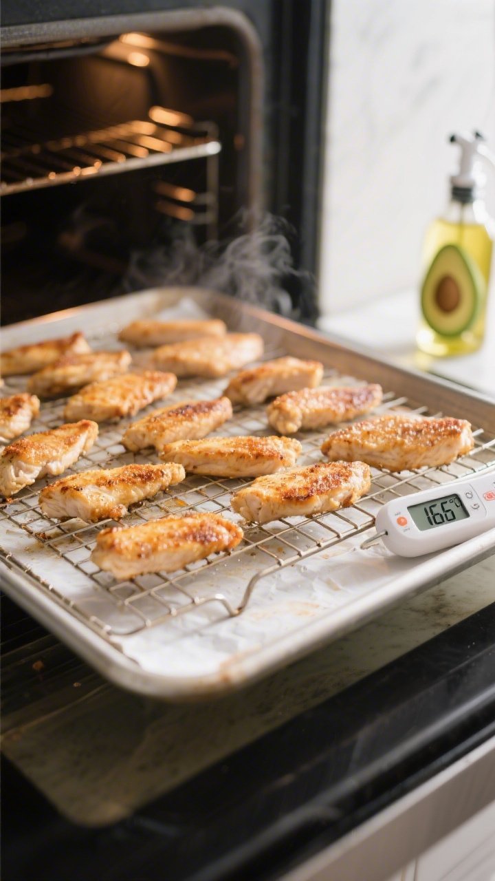 Cooking process: Chicken tenders arranged in a single layer on a wire rack over a parchment-lined sh