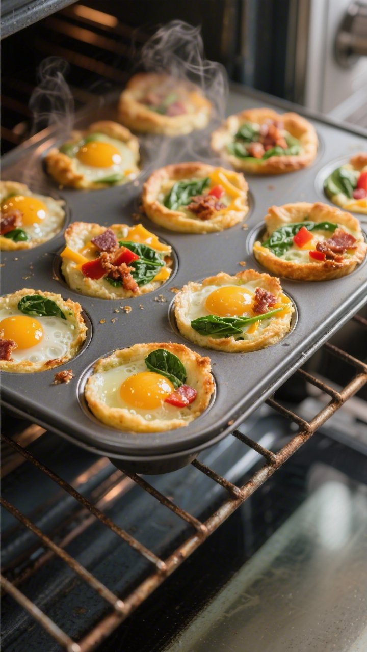 Cooking process close-up: A 12-cup muffin tin on the middle oven rack with keto egg muffins just set