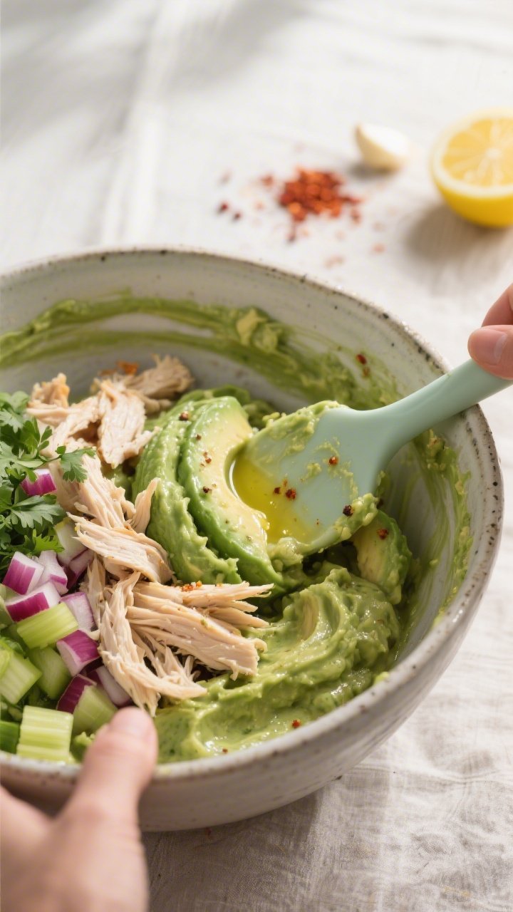 Cooking process close-up: A large ceramic mixing bowl filled with the prepared avocado base—half-m