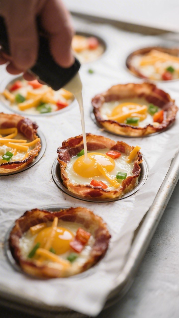 Cooking process close-up: Bacon-lined muffin tin being filled 3/4 full with a glossy, well-whisked e