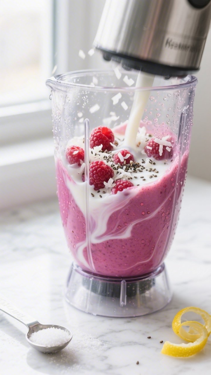 Cooking process close-up: Blender jar mid-blend swirling a vibrant magenta keto raspberry coconut sm