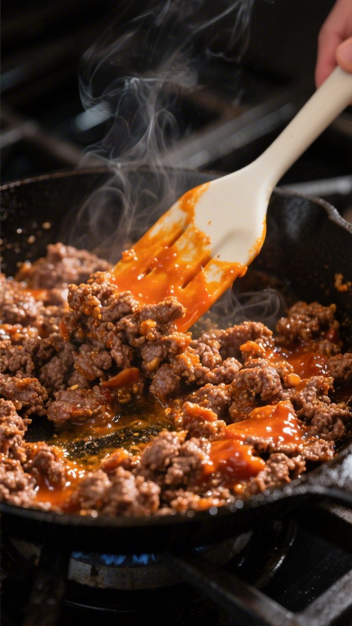Cooking process close-up: Buffalo-seasoned ground beef sizzling in a cast-iron skillet, caramelized 