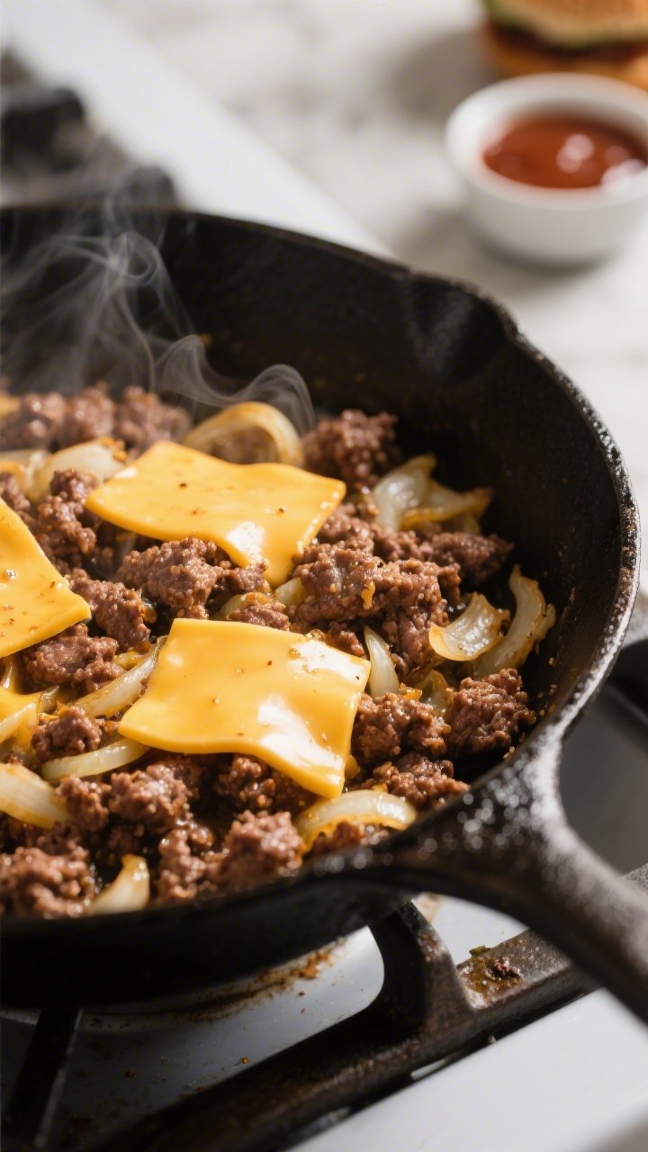 Cooking process close-up: Cheesy seasoned ground beef sizzling in a cast-iron skillet, browned crumb