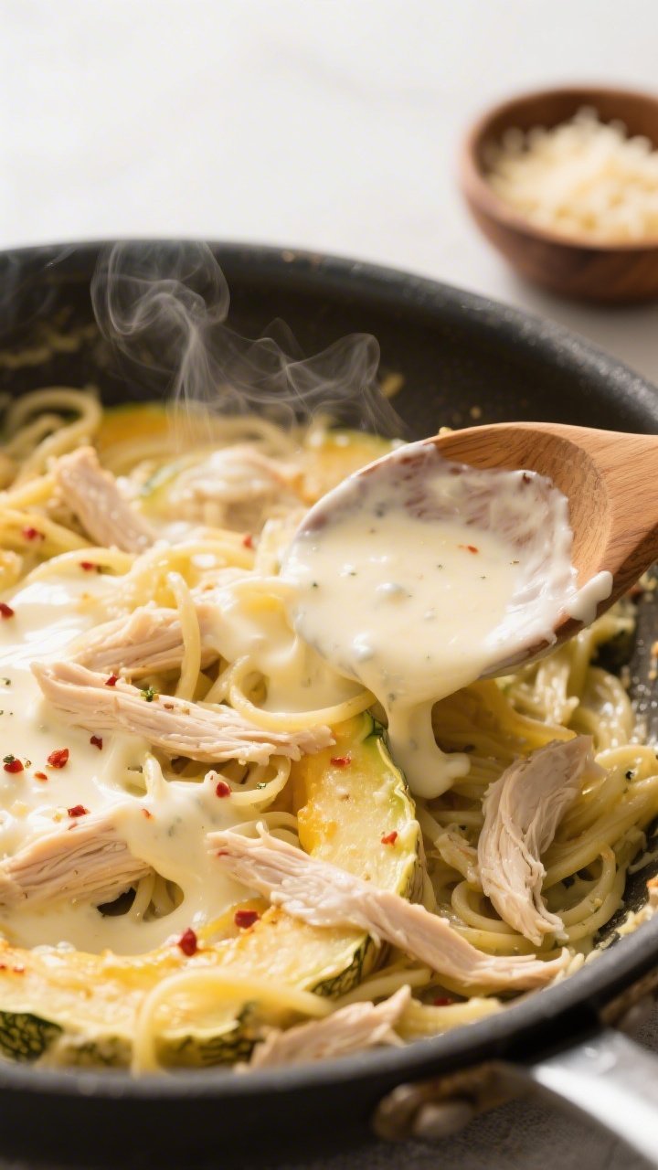 Cooking process, close-up: Creamy cheese sauce being folded into shredded spaghetti squash and tende