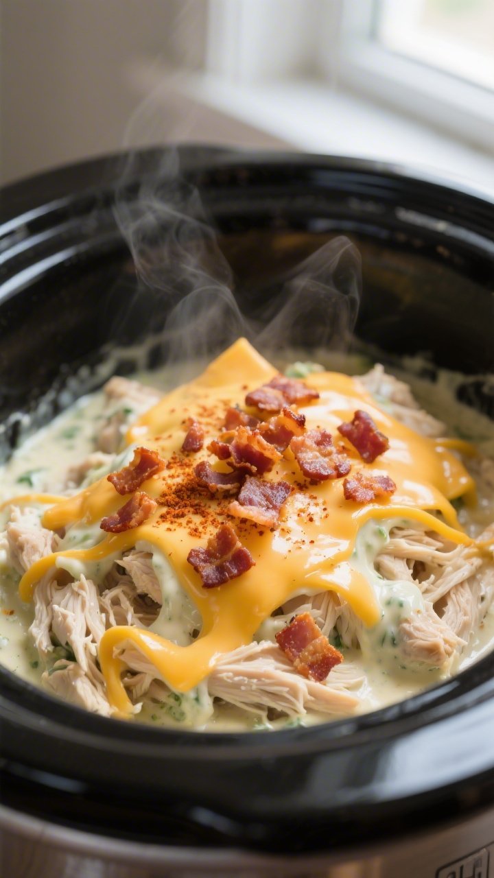 Cooking process close-up: Creamy keto cheddar bacon chicken in a slow cooker at the “add cheese an