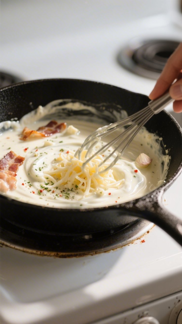 Cooking process close-up: Creamy ranch sauce being whisked in a skillet with reserved bacon fat—si