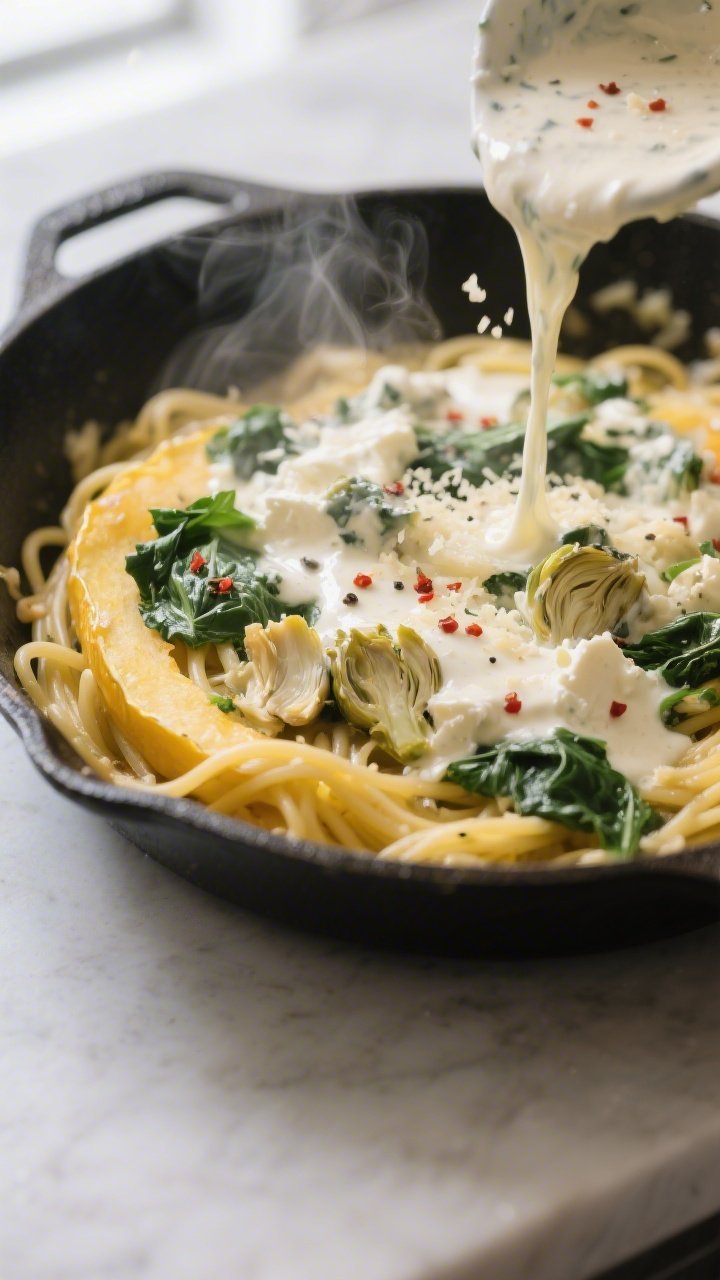 Cooking process, close-up: Creamy spinach artichoke sauce being folded into golden spaghetti squash