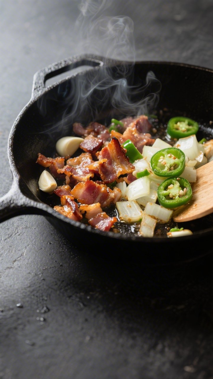 Cooking process close-up: Crispy chopped bacon sizzling in a skillet beside sautéing diced onion an