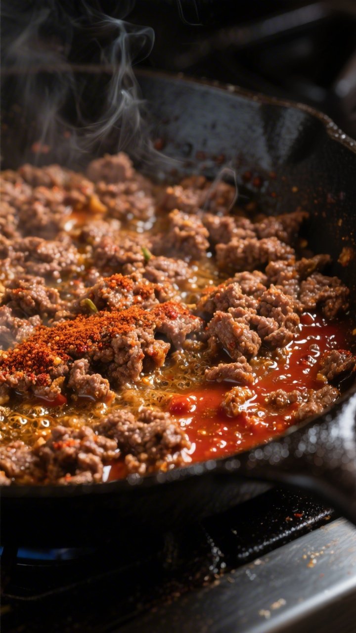 Cooking process, close-up: Crispy taco-seasoned ground beef sizzling in a wide cast-iron skillet, ed