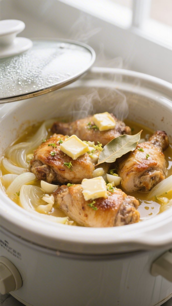 Cooking process close-up: Crockpot lemon-garlic chicken thighs simmering in a slow cooker, tender br