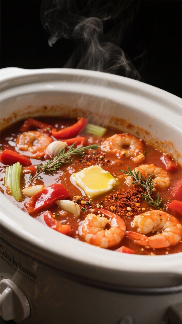 Cooking process close-up: Crockpot of simmering Cajun shrimp sauce in the final minutes before shrim
