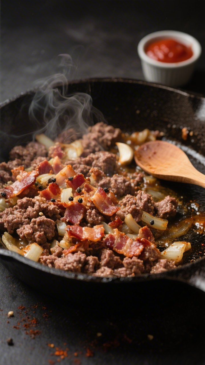 Cooking process close-up: Crumbled ground beef browning in a cast-iron skillet with visible seasonin