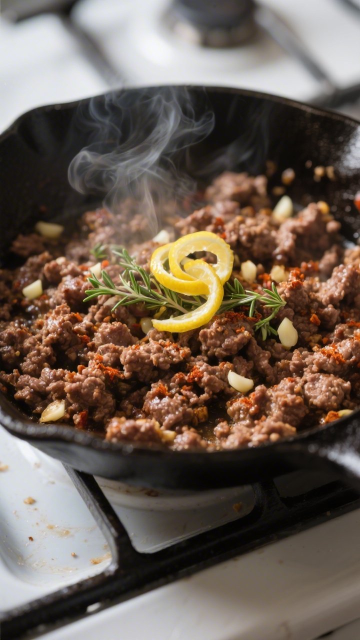 Cooking process close-up: Crumbled ground beef sizzling in a cast-iron skillet, fully cooked with br