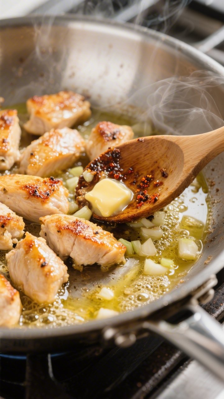 Cooking process, close-up detail: Bite-sized chicken pieces searing in a stainless steel skillet, go