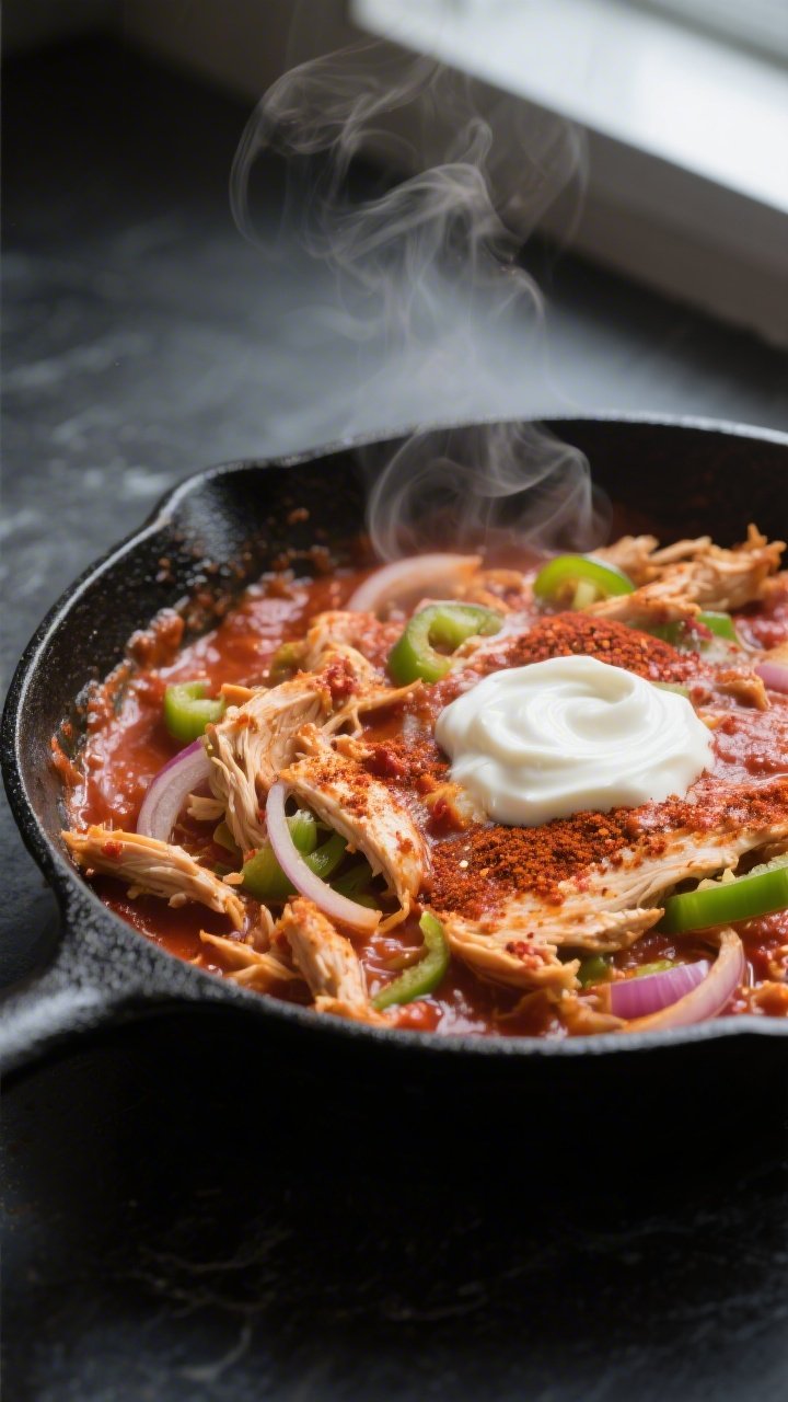 Cooking process, close-up detail: Bubbling keto chicken enchilada skillet mid-simmer, shredded chick