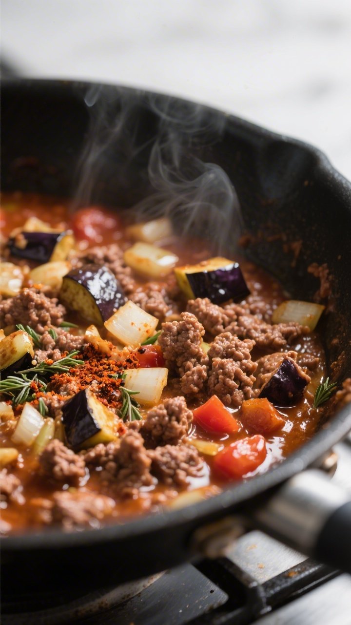 Cooking process, close-up detail: Close-up of sizzling ground beef and chopped roasted eggplant simm