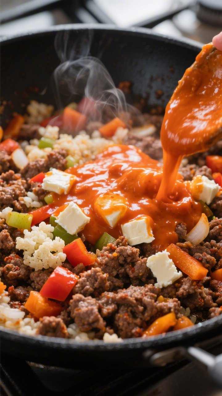 Cooking process, close-up detail: Close-up of sizzling buffalo-seasoned ground beef in a black cast-