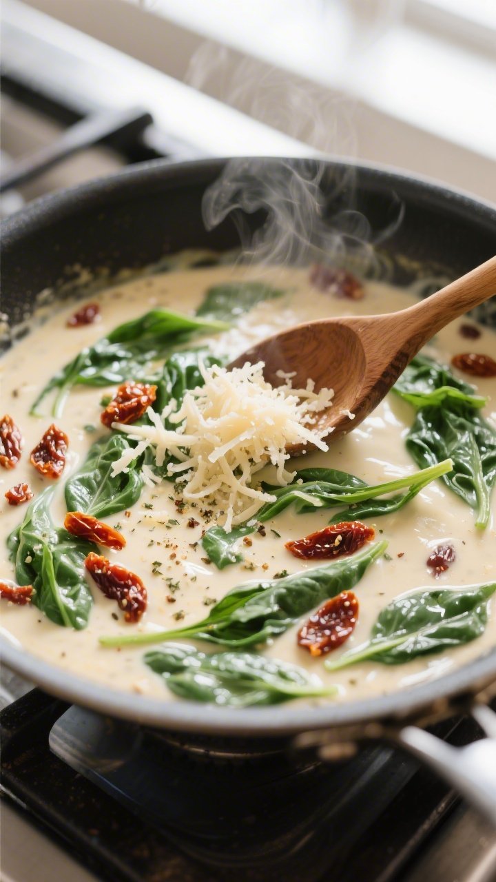 Cooking process, close-up detail: Creamy Tuscan garlic sauce simmering in a stainless skillet, showi